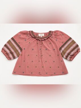 THE GREAT Embroidered Peasant Blouse Pink Boho Puff Sleeve Top
